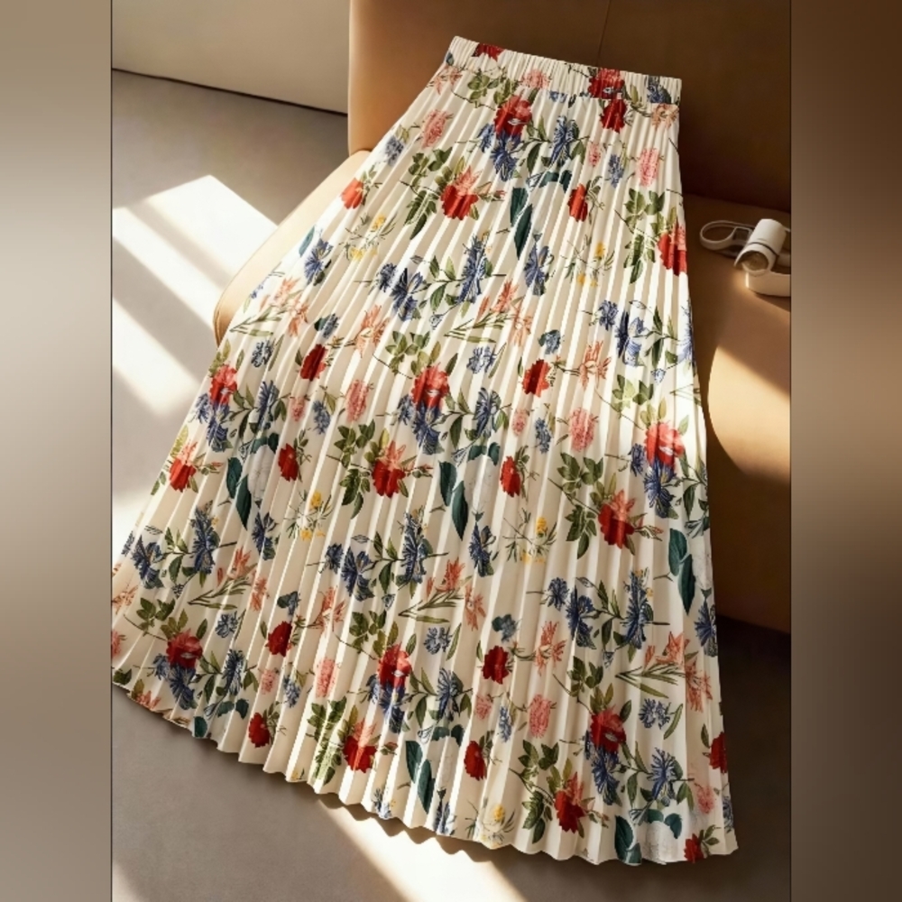 NEW ARRIVAL & GORGEOUS!! Floral Pleated Maxi Skirt With Red & Blue Floral Print
